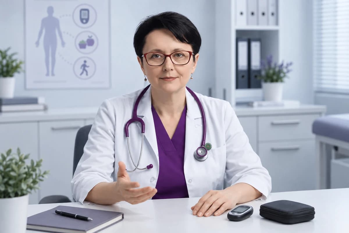 Dr. Petrache în cabinet, cu un glucometru